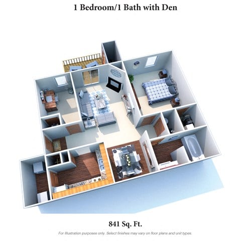 Floor plan for 1 bed, 1 bath, 841 sqft